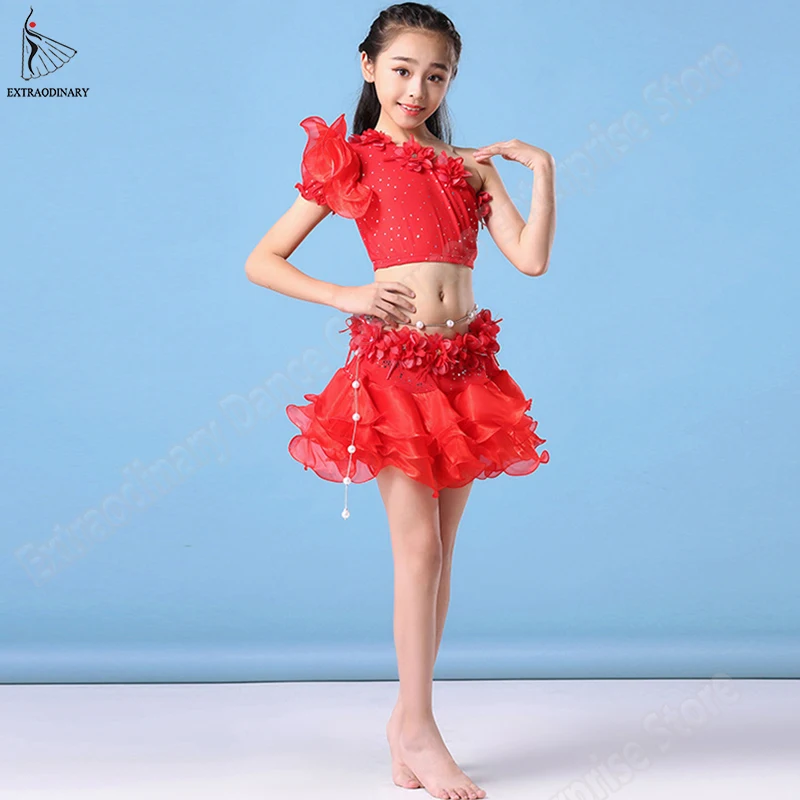 Детский топ юбка красный танец живота Восточный костюм комплект танцевальные