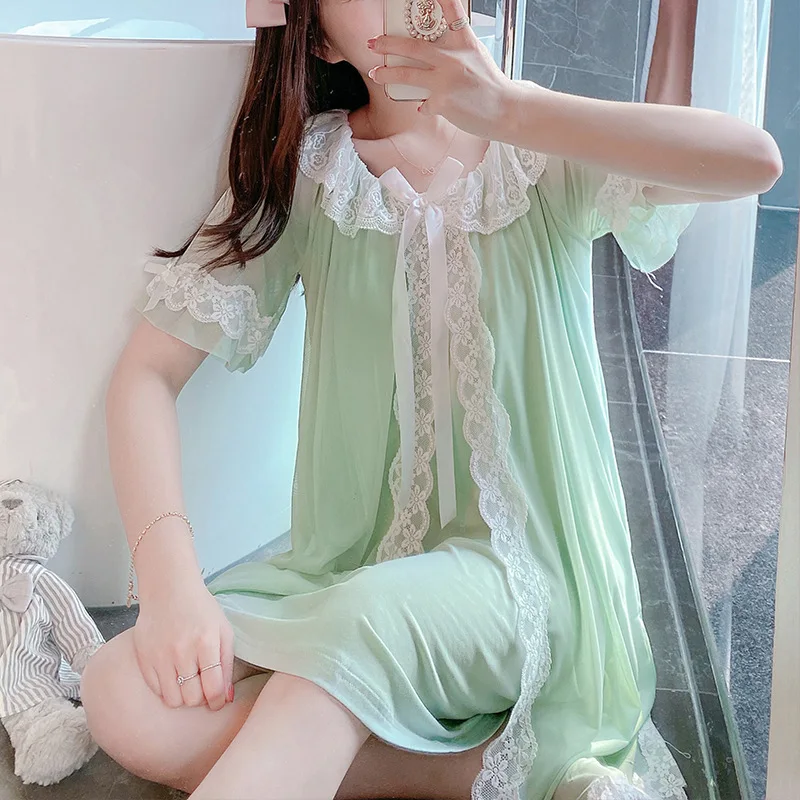 

Fashion Loose Nightgown Sexy Lace Sleepshirts Summer V-neck Nightwear Intimate Lingerie Short Sleeve Nightie Mesh Sweet Pyjamas