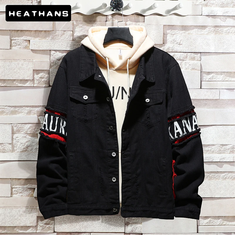 

Джинсовая куртка мужская с контрастным принтом, модная верхняя одежда свободного покроя из денима с длинными рукавами, весна-осень