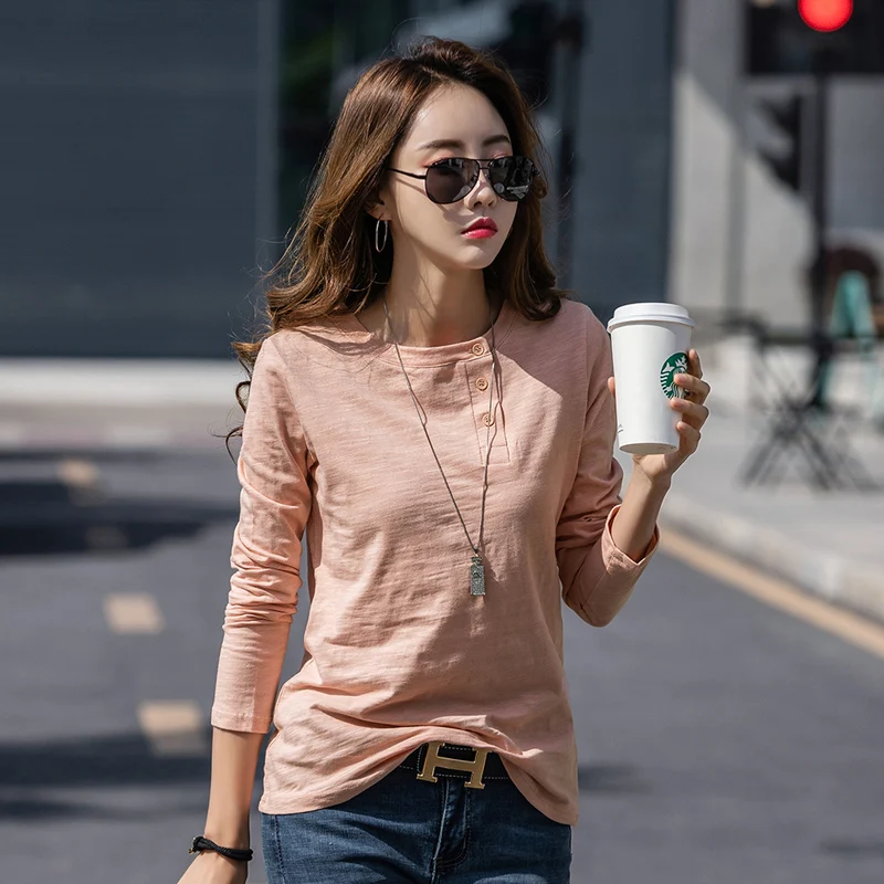 Женская хлопковая футболка на пуговицах однотонная Элегантная с длинным рукавом