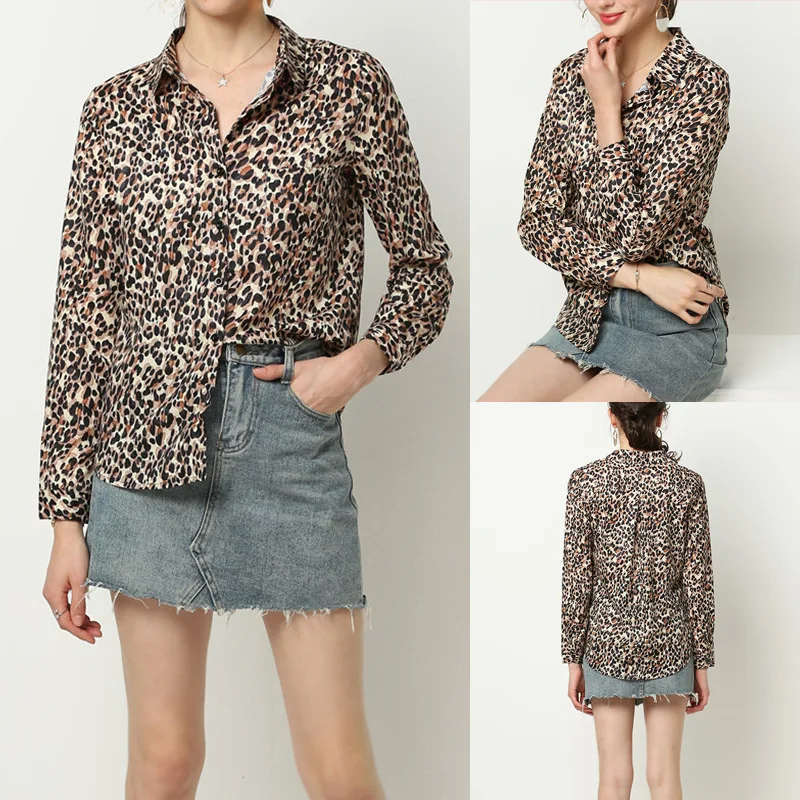 

Casual Leopard Print Long Sleeve Chiffon Shirt for Women's Wear In Autumn 2019 Turn-down Collar Womens Tops and Blouses