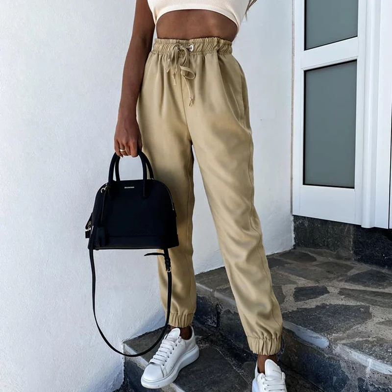 

Fashion Women Summer Solid Color Long Trousers Drawstring Pockets High Waist Casual Pants Casual Joggers Sweatpants Sportswear