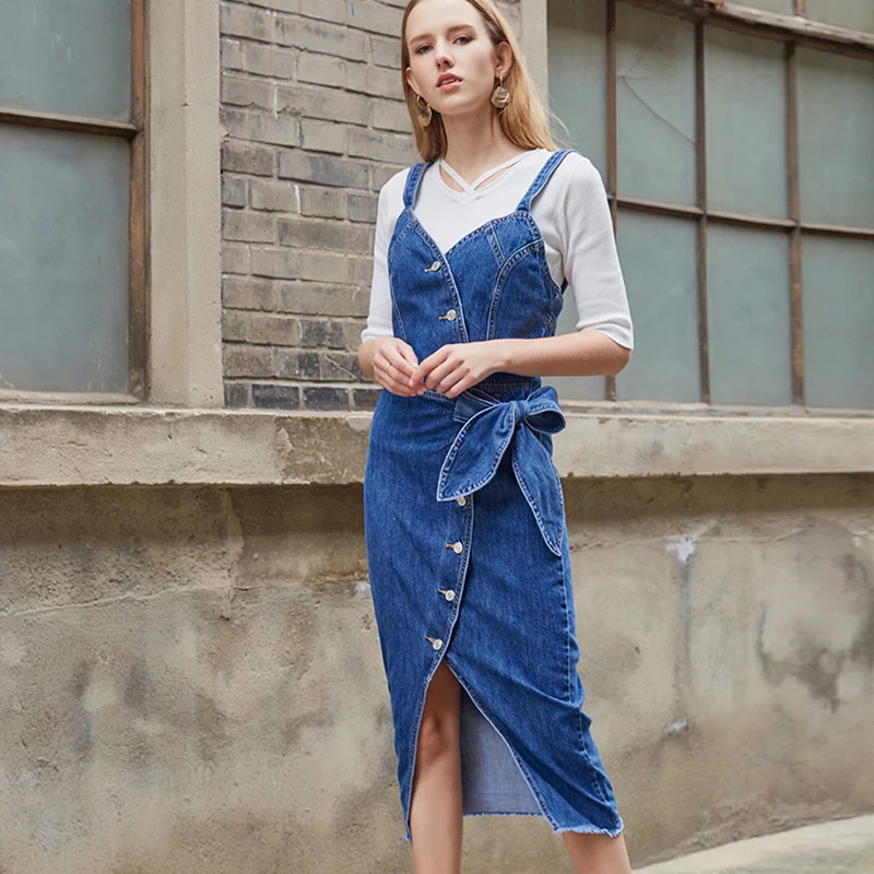 2019 летнее женское джинсовое платье Элегантное праздничное с бантом на поясе