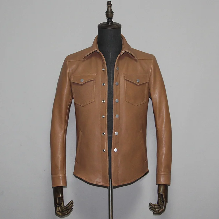 

Free shipping.Men quality leather shirts.Brand vintage Heavy tanned sheepskin jacket,brown slim genuine leather coat