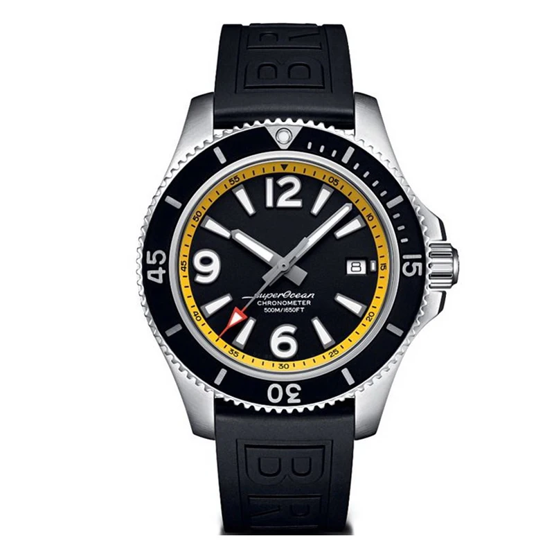 

Luxury New Mens Watch Superocean Ceramic Bezel Automatic Mechanical Black Yellow Number Dial Rubber Stainless Steel Sapphire