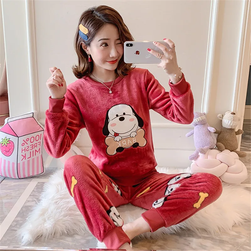2019 зимняя фланелевая Женская одежда для сна пижама милый пижамный комплект с