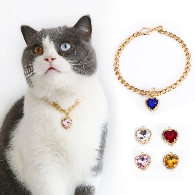 

Luxury Pet Collar Necklace Cats Dogs Rhinestone Pendant Heart Shape Gold Chain Puppy gatos Collars Holiday Party Pet Accessories