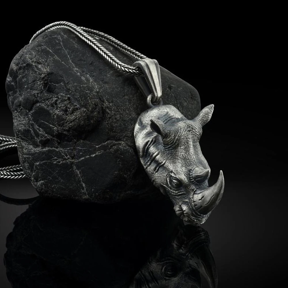 

Rhino head pure tin material pendant men domineering necklace animal personality sweater chain pendant chain necklaces