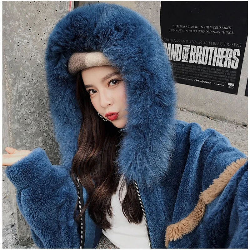 

2020 Ladies Winter New Splicing Leather Grass Coats Natural Fox Fur Collar Lamb Fur Jacket Loose zipper Fashion Outerwear