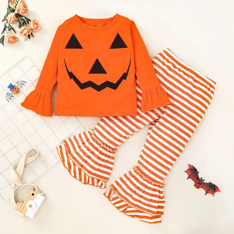 

New Fashion Kids Girl Halloween Ghost Head T-shirt Trousers Set Pumpkin Top Striped Flared Pants Chlidren's Costumes