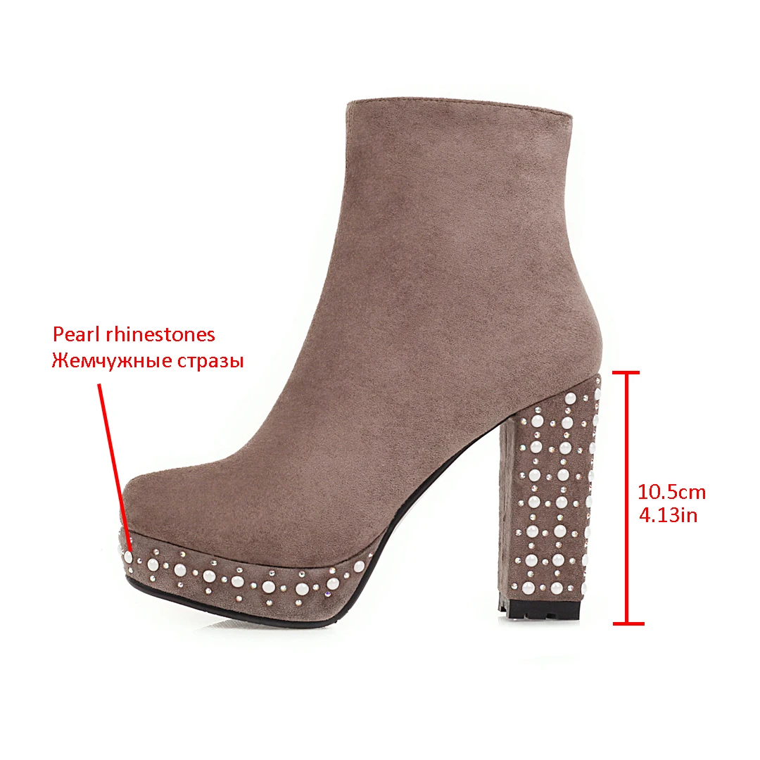

WETKISS Women Ankle Boots Platform Thick High Heel Crystal Pearl Boots Round Toe Side Zip Ladies Boots 2021