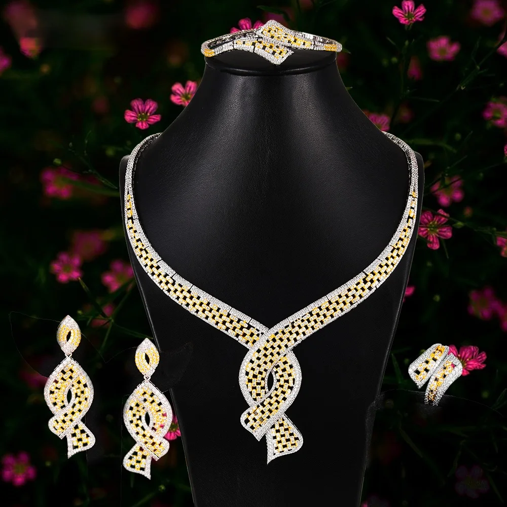 

KellyBola Brand Luxury Necklace Earrings Rings Bracelets Jewellery Full Cubic Zircon Dubai Bridal Jewelry Set High Quality