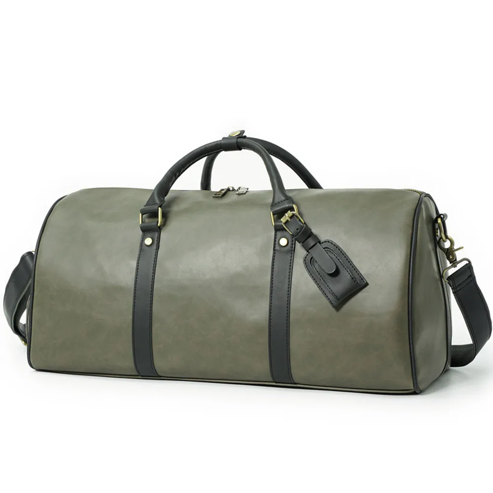 

High Quality Vintage Green PU Leather Travel Gym Bag Independent Shoe Warehouse Luggage Bag Large Capacity Weekend Duffle Bags