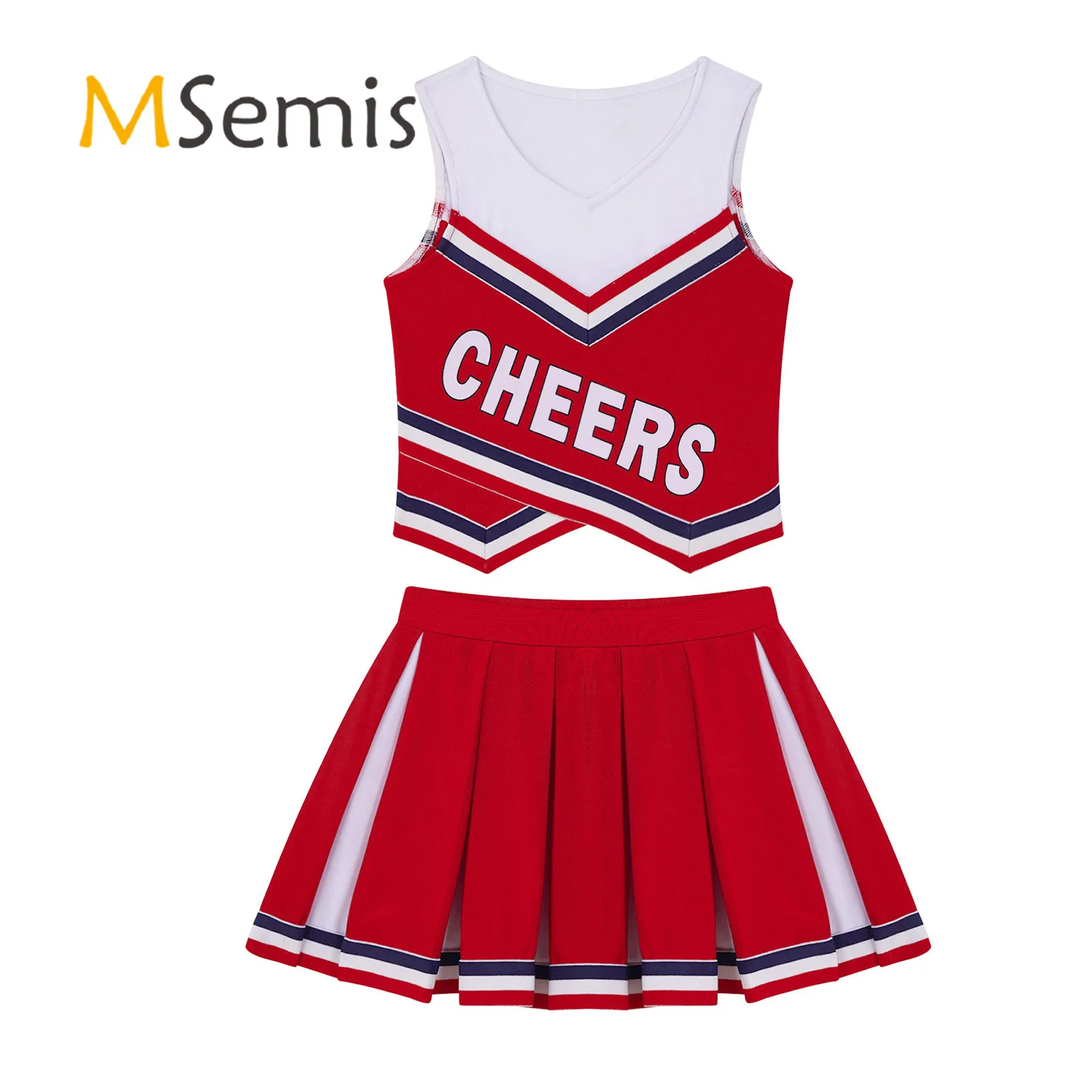 2Pcs Kids Girls Sport Dance Suit Cheerleader Costume V Neck Sleeveless Letters Cheers Print Vest and Pleated Skirt Set Outfit