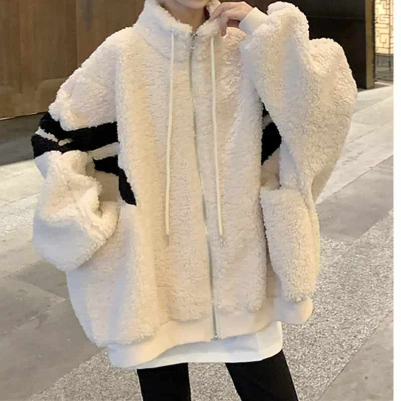 

Imitation Lamb Wool Coat Female Autumn Winter Korean 2021 Couple Color Contrast Loose Stand Collar Zipper Long Sleeve Top Rac
