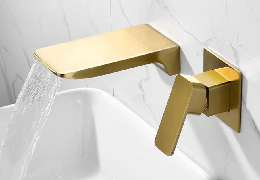 Смеситель настенный золотистый для раковины хромированный кран скрытый