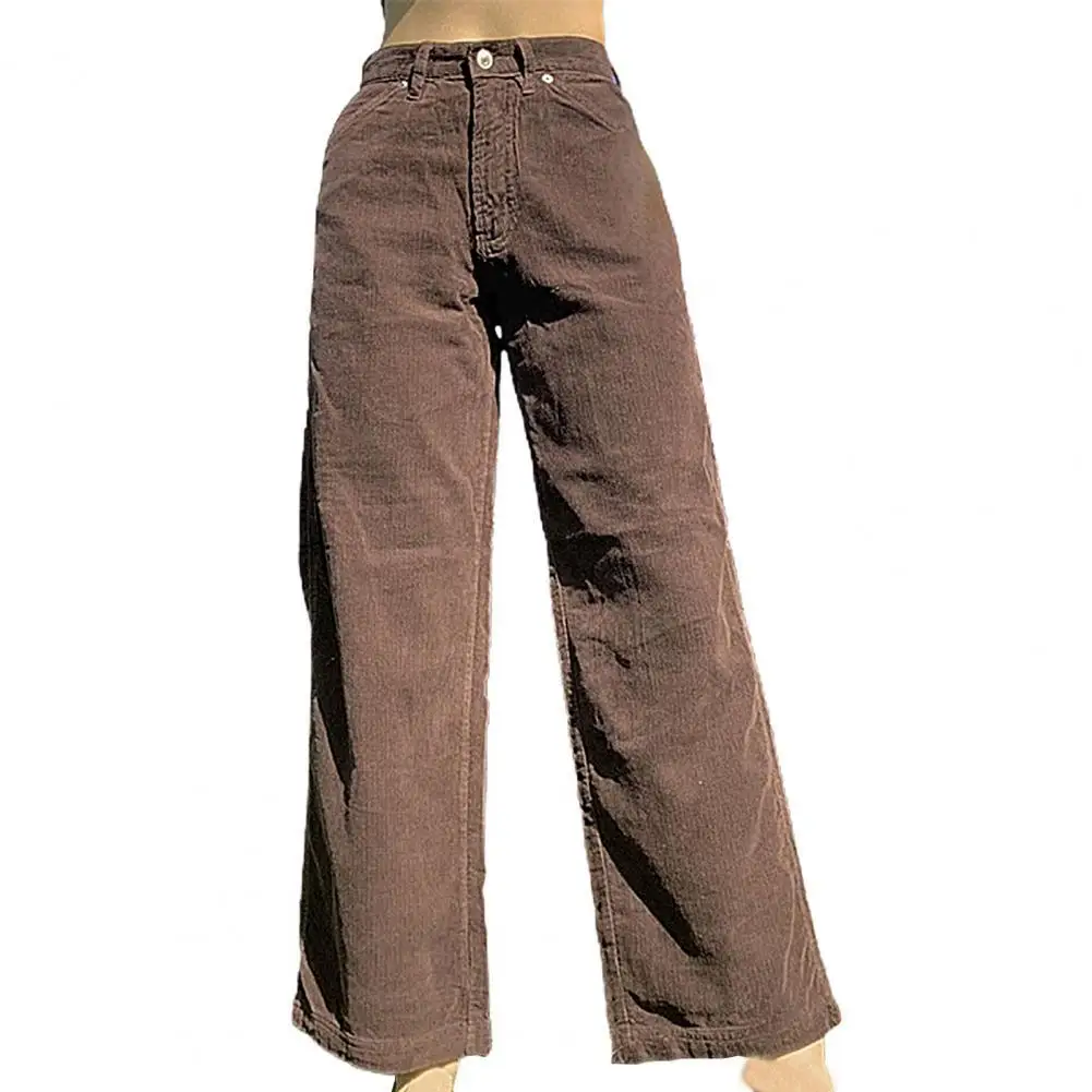

Casual Women High Waist Button Solid Color Long Loose Corduroy Pants Trousers