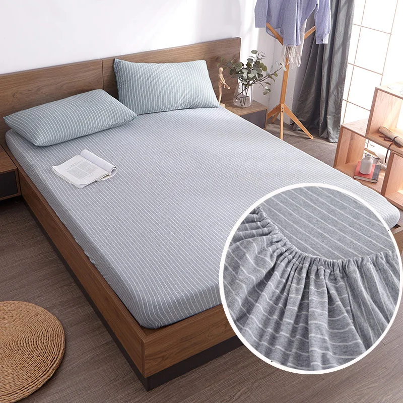 

100%Cotton Stripe Fitted Sheet Mattress Cover Four Corners with Elastic Band Bed Sheet Bedspread Queen Multiple Colors Available