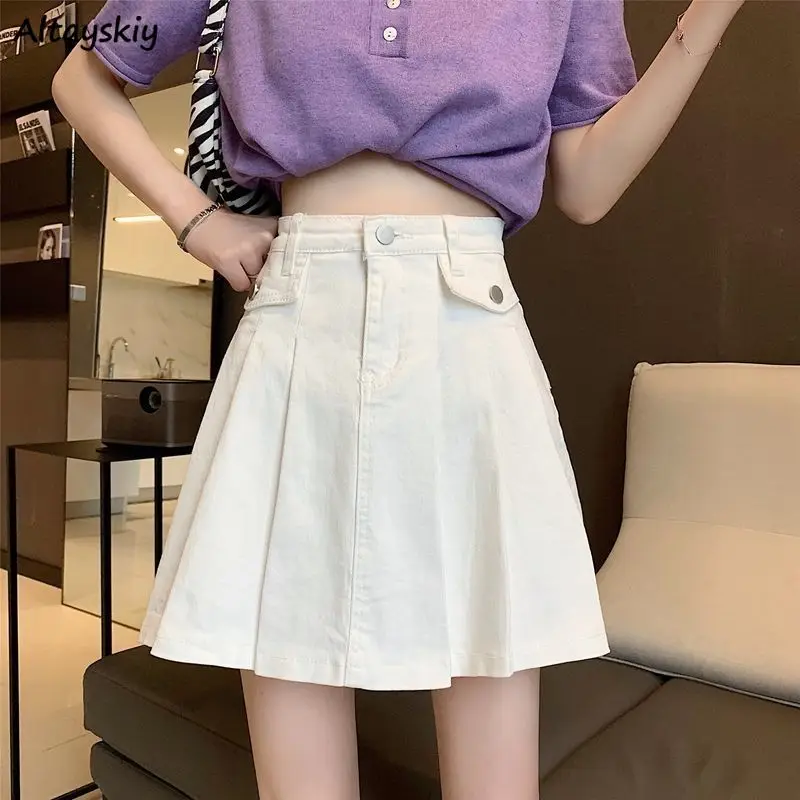 

Women Pleated Denim Skirts Solid Mini Preppy Style High Waist Retro Teenagers Daily Outdoor Females Slender Hipster Ulzzang Chic