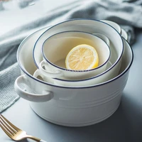 simple blue line big soup bowl with handle ceramic salad bowl noodle soup bowl nordic breakfast baking tool