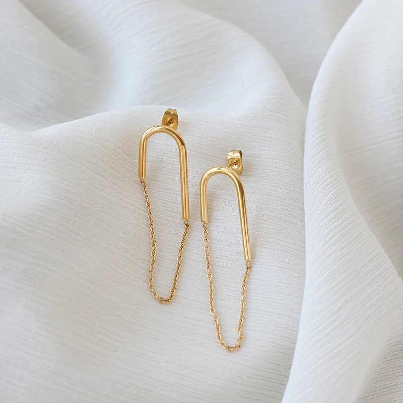 

Fashion Metal U-shaped Stud Earrings Titanium Steel Plated Woman Luxury Jewelry Tassel Chain &Link Stud Earrings For Wedding