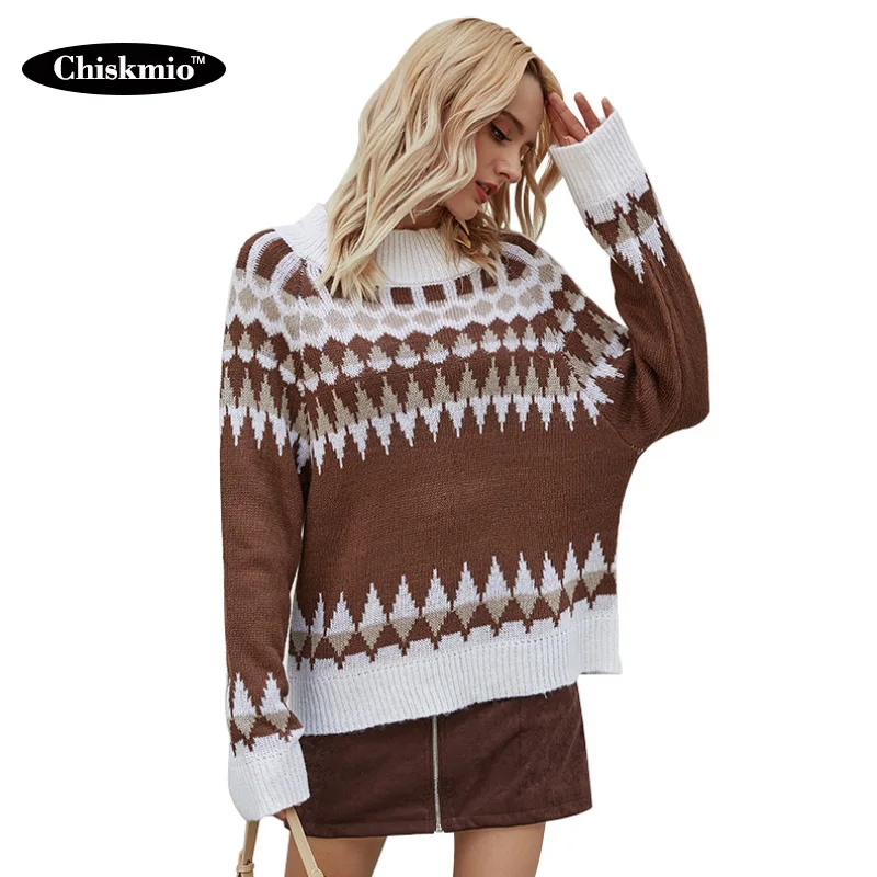 

Chiskmio England Style Women Sweater Geometric Knitting Tops Loose Long Sleeve Knitwear Pullover Office Ladies Knitted Sweater