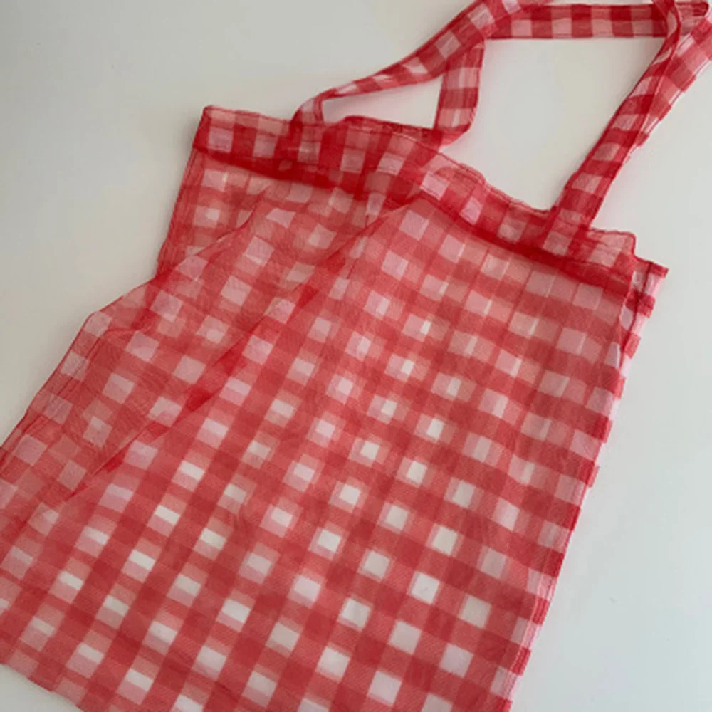 

New Mesh Tote Bags Women Transparent Plaid Shopper Bags Shoulder Bags Reusable Handbags Foldable Decorative Casual Shopping Bag