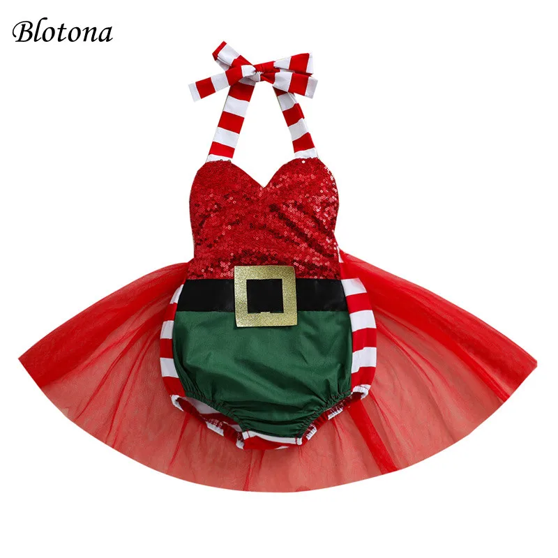 

Рождественские комбинезоны для девочек Blotona, облегающий костюм без рукавов с блестками и лямкой через шею, с открытой спиной и юбкой-пачкой ...