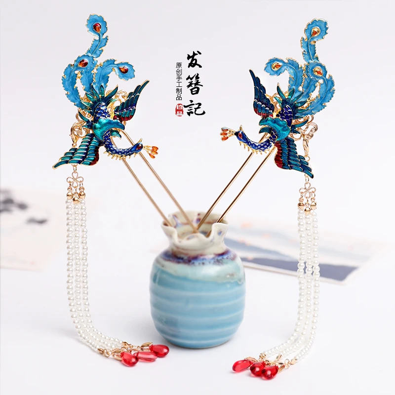 

Шпилька для волос с длинной кисточкой в старинном перегородчатом стиле канзаси, аксессуар для косплея Феникса ханьфу