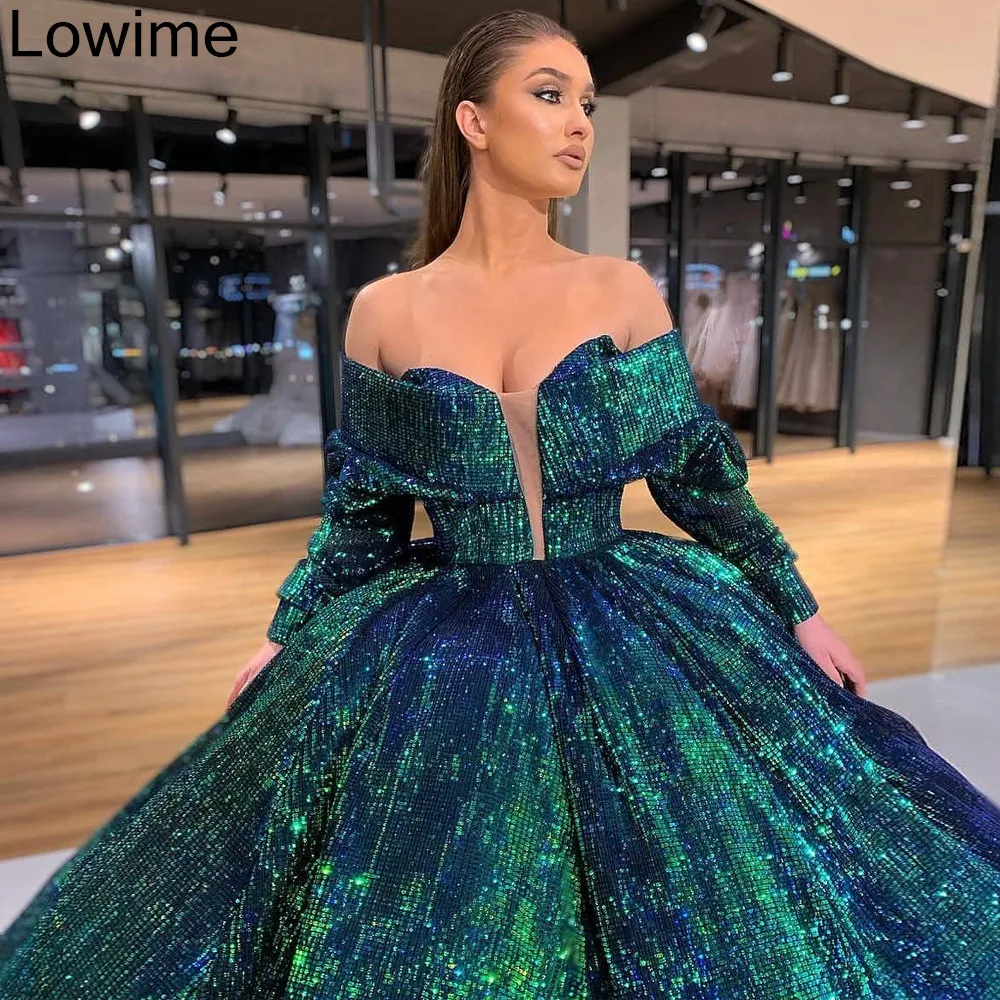 Plus Size Dark Green Mermaid Prom Dresses Sheer Neck Long Sleeve 3D Flower Beaded Formal Arabic Aso Ebi Evening Gowns