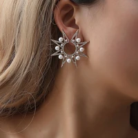 womens fashion geometric exaggerated earrings temperament pearl inlaid zircon starburst sun flower earrings single style