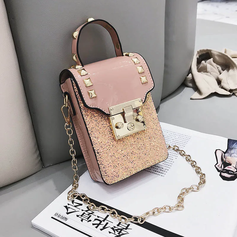 pink Женская кожаная сумка на плечо с блестками, дизайнерские сумки с заклепками, золотые маленькие сумки через плечо, винтажная сумка-мессенджер, Bolsa Feminina - Цвет: pink