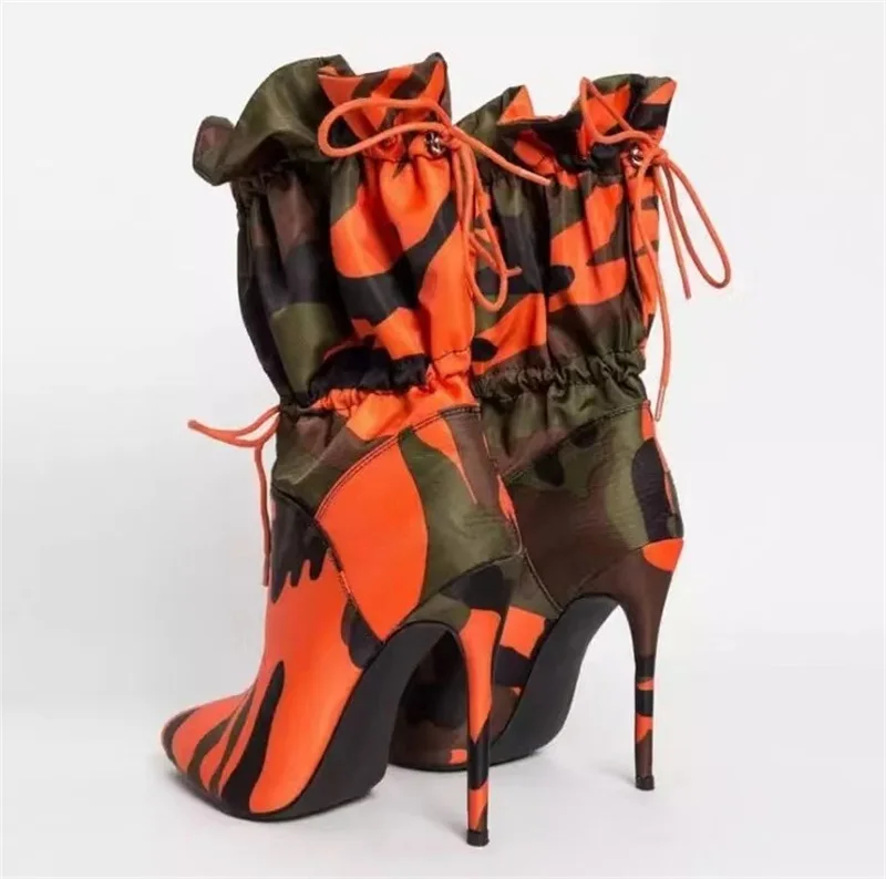 

2021 Autumn Winter Women Boots Camouflage Lace Up High Thin Heels Ankle Boots Woman Sexy Pointed Toe Chic Stiletto Heel Shoes