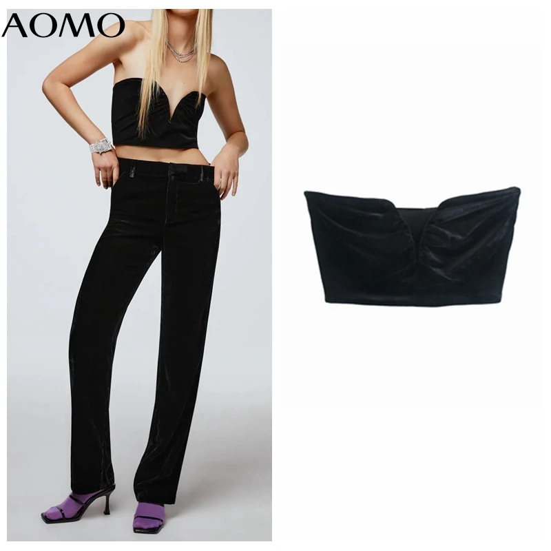 

AOMO Women Black Velvet Bralette Camis Crop Top Strapless Backless Short Shirts Female Sexy Tops AB46A