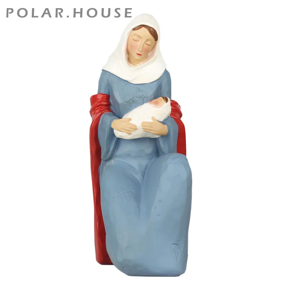Винтажные резные Девы Марии и ребенка статуи Иисуса полимерные фигурки синие для
