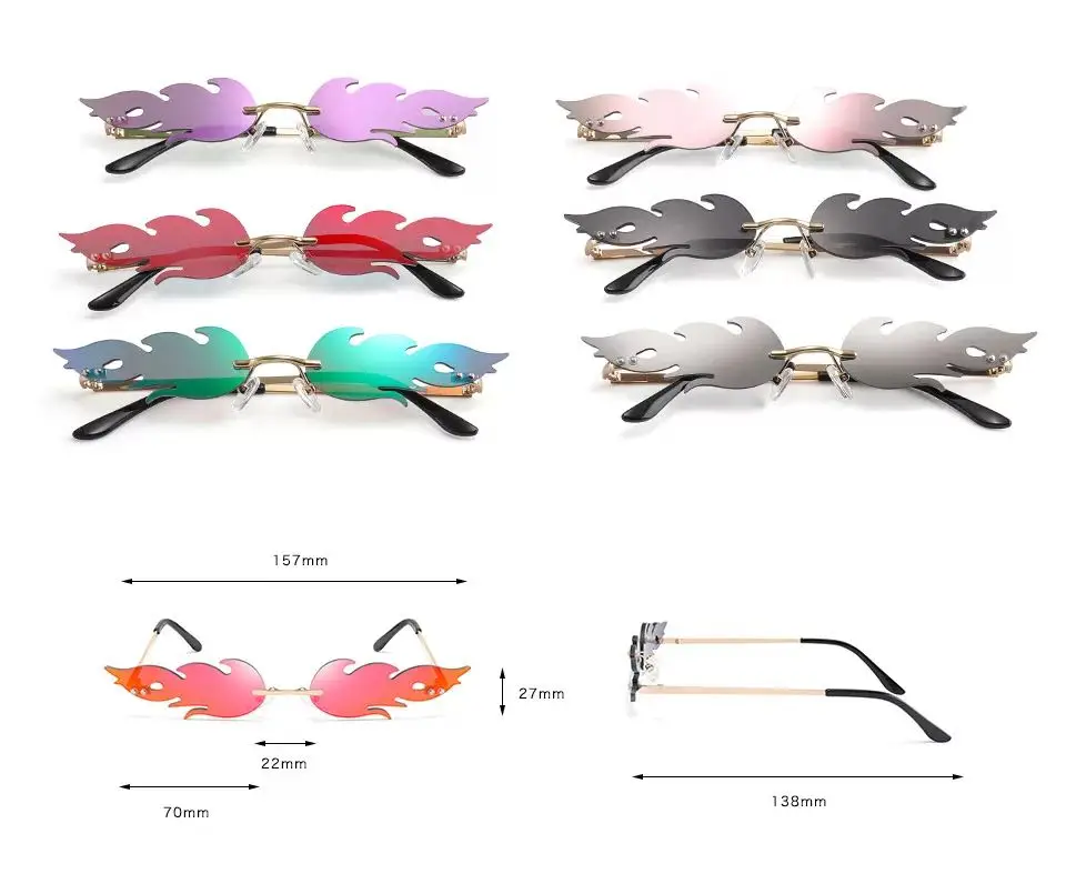 

New Luxury Fashion Fire Flame Sun Glasses Women Rimless Wave Sunglasses Metal Shades For Vintage Men Mirror Eyewear Streetwear