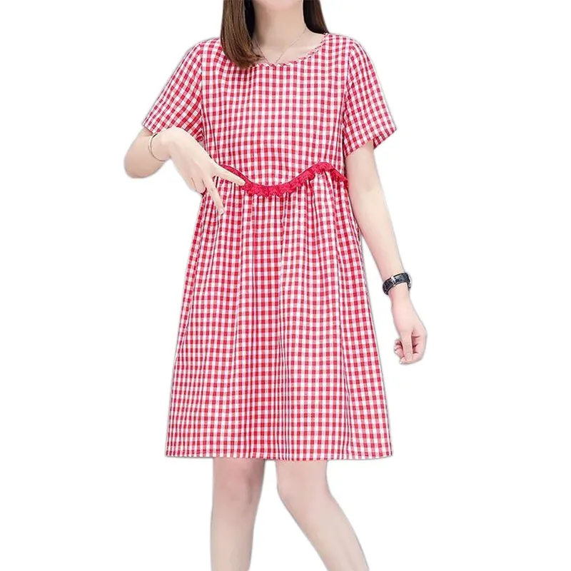 Женское летнее платье-туника в клетку с коротким рукавом и высокой талией S-3XL |