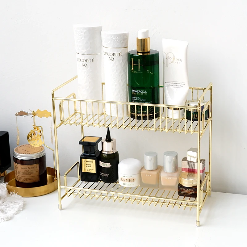 

2 Layers Metal Cosmetics Storage Rack Bathroom Makeup Organizer Kitchen Seasoning Iron Storage Shelves Makeup Organizer Box