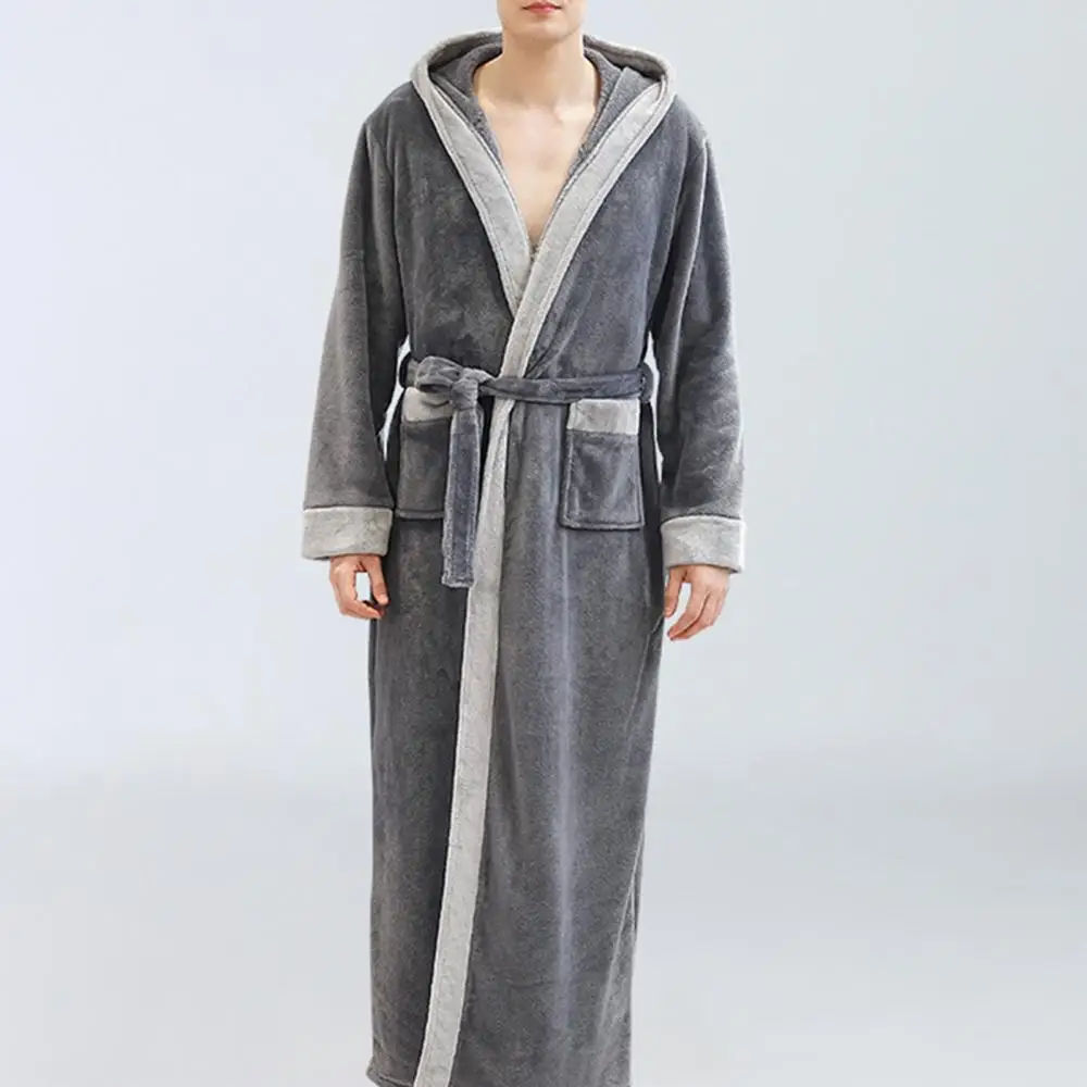 Flannel Pocket Sleepwear Men Autumn Winter Long Sleeve Maxi Bathrobe Pockets Hooded Sleepwear