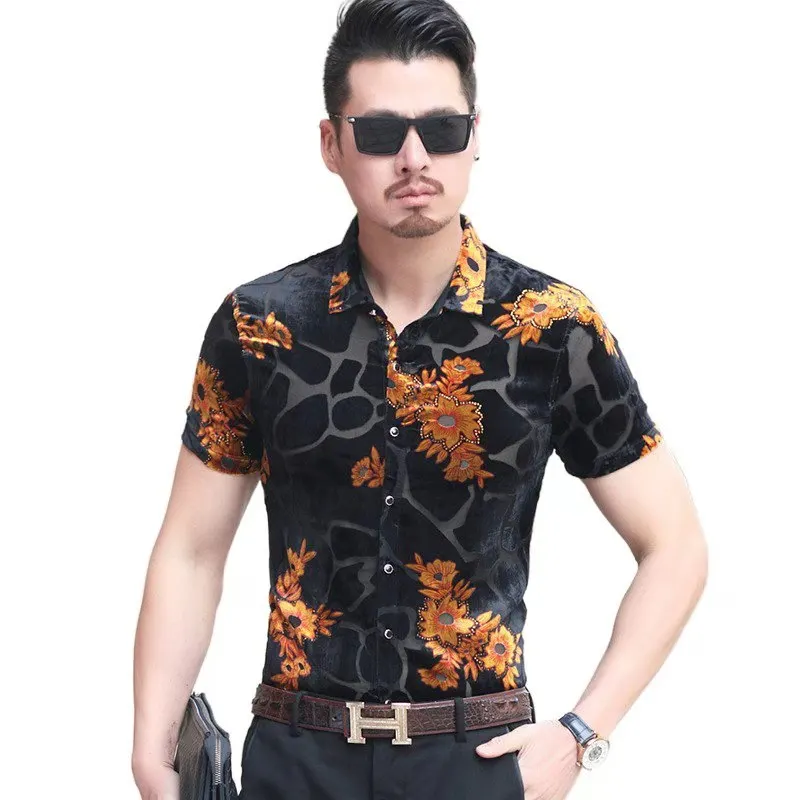 

2021 Nightclub party gold floral embroidered oversized t shirt for men short sleeve lace transparent flower velvet t shirt homme