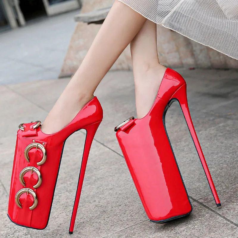 

New European and American super high heels with metal buckle red plus-size high heels pole dancing club women's high heels