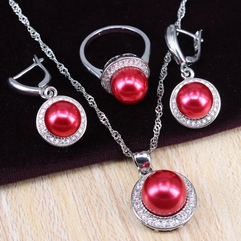 925 Серебряный Красный жемчуг украшения ожерелье цепочка серьги кольцо для женщин