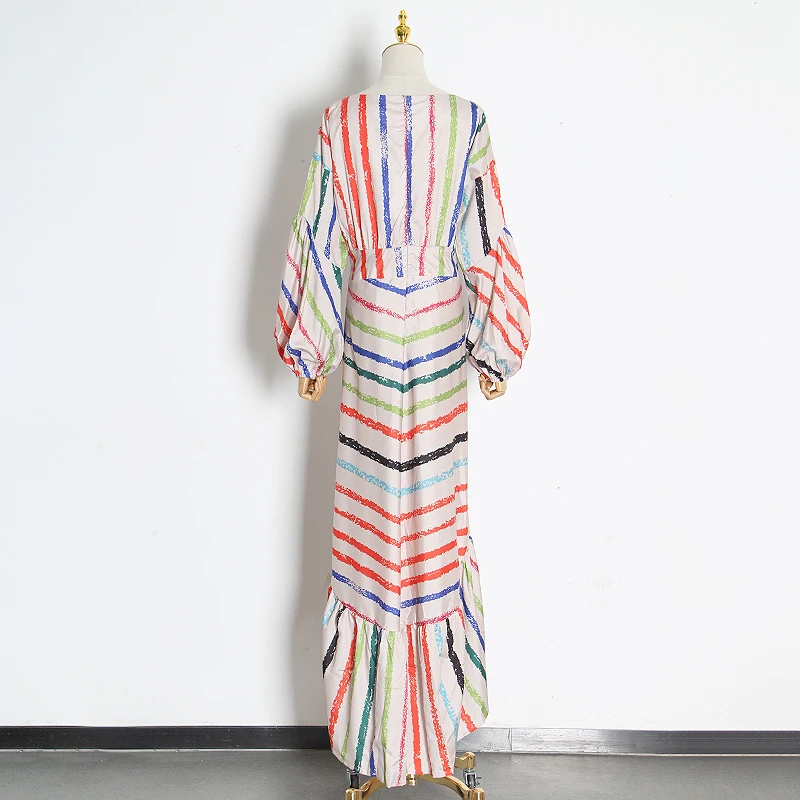 VGH Casual Striped Party Women Dress O Neck Lantern Long Sleeve High Waist Ruffles Irrgular Hem Dresses Female Clothing Fashion | Женская