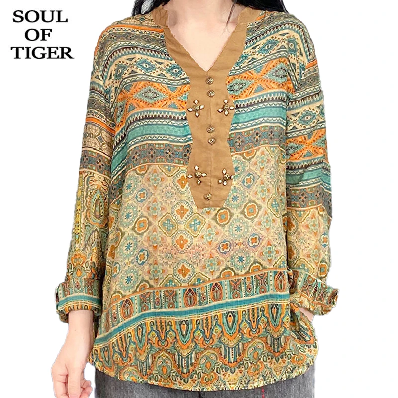 

SOUL OF TIGER 2021 Spring Fashion Style Women Vintage Chiffon Shirts Ladies V-Neck Printed Blouses Female Elegant Tops Plus Size