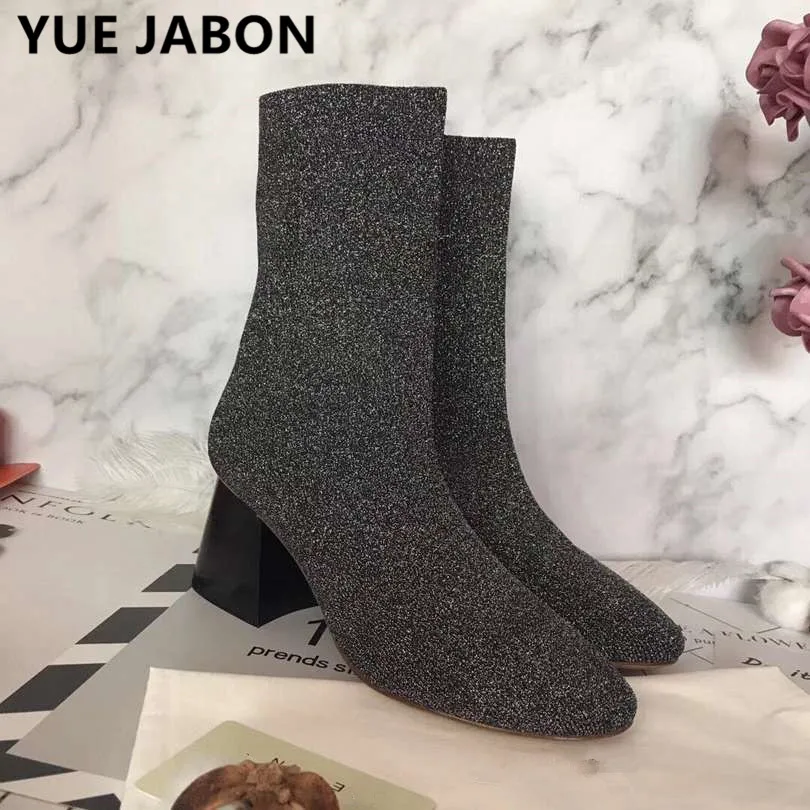 

Red Black Grey Knitted Elastic Socks Boots Slip On Medium Heel Short Boots Women Point Toe Ankle Boots Real Leather Female Shoes
