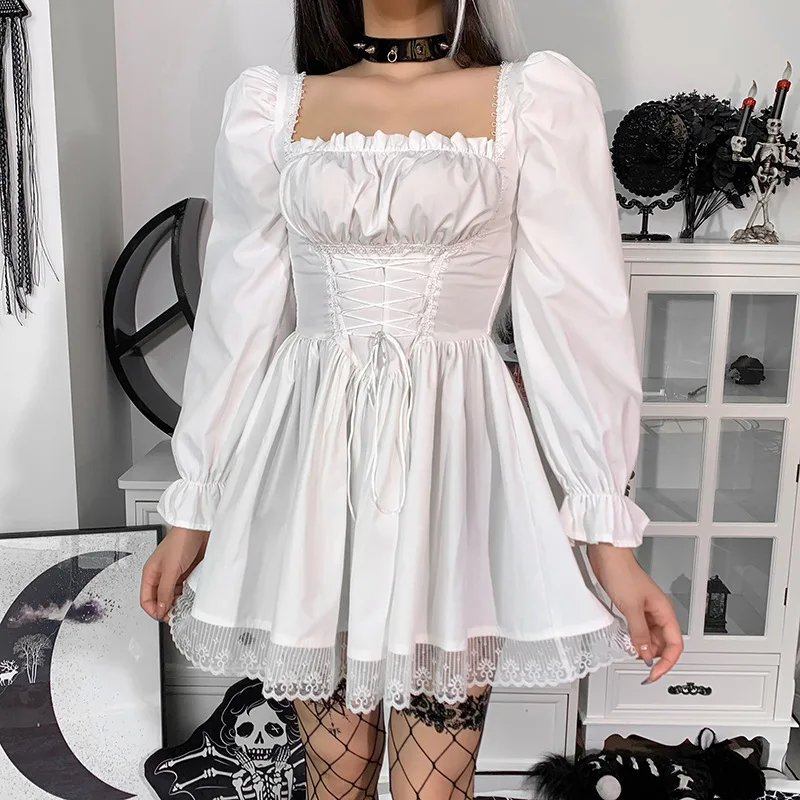 

Womens White Square Collar Lace Up Gothic Lolita Dress Girls Cute Sweet Puff Sleeve Princess Dress Long Sleeve Autumn Punk Dress