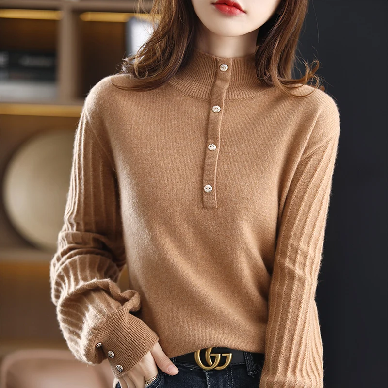 

2021 Autumn/Winter New Cashmere Sweater Women's Half High neck Pullover 100% Pure Wool Casual Knit Top Plus Size Female Jacket
