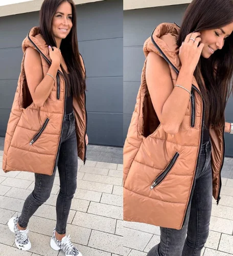 

Lugentol Winter Vest Women Hooded Sleevelesss Jacket Streetwear Loose Orange Waistcoat Vests Women