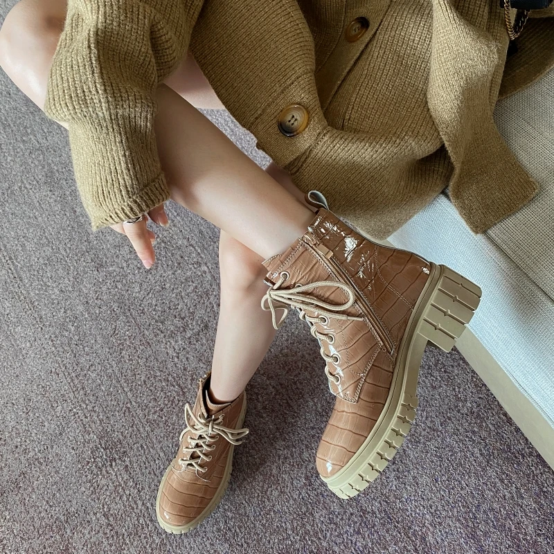 

Women's ankle boots natural leather autumn and winter womens designer boots cyberstar warm shoes Patent Embossed stone pattern