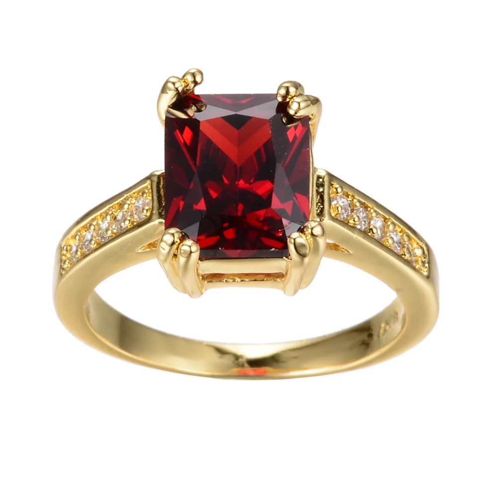 

Cham Female Red Crystal Stone Ring Yellow Gold Color Thin Wedding Rings For Women Vintage Square Zircon Engagement Ring